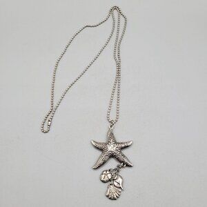 Starfish Pendant Necklace Dangling Seashell Charms Ball Chain Silver Tone